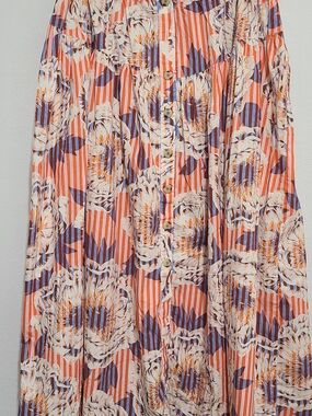 Anthropologie Sienna Midi Skirt Orange Boho Abstract Floral Button Front Sz Xl